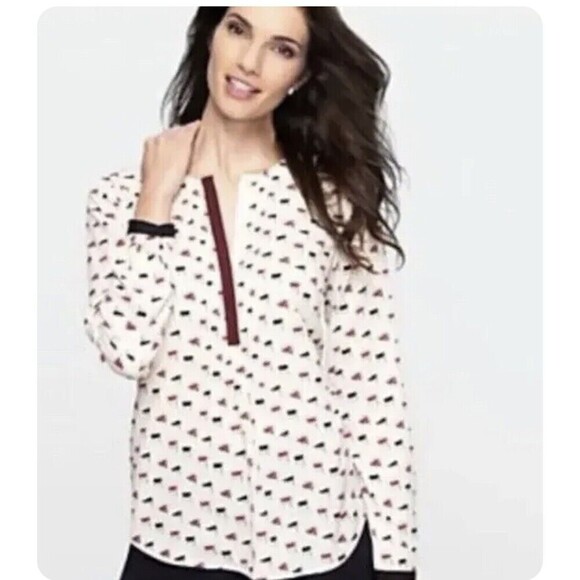 Talbots Tops - Talbots White and Black Flag Patterned Blouse with Red Trim